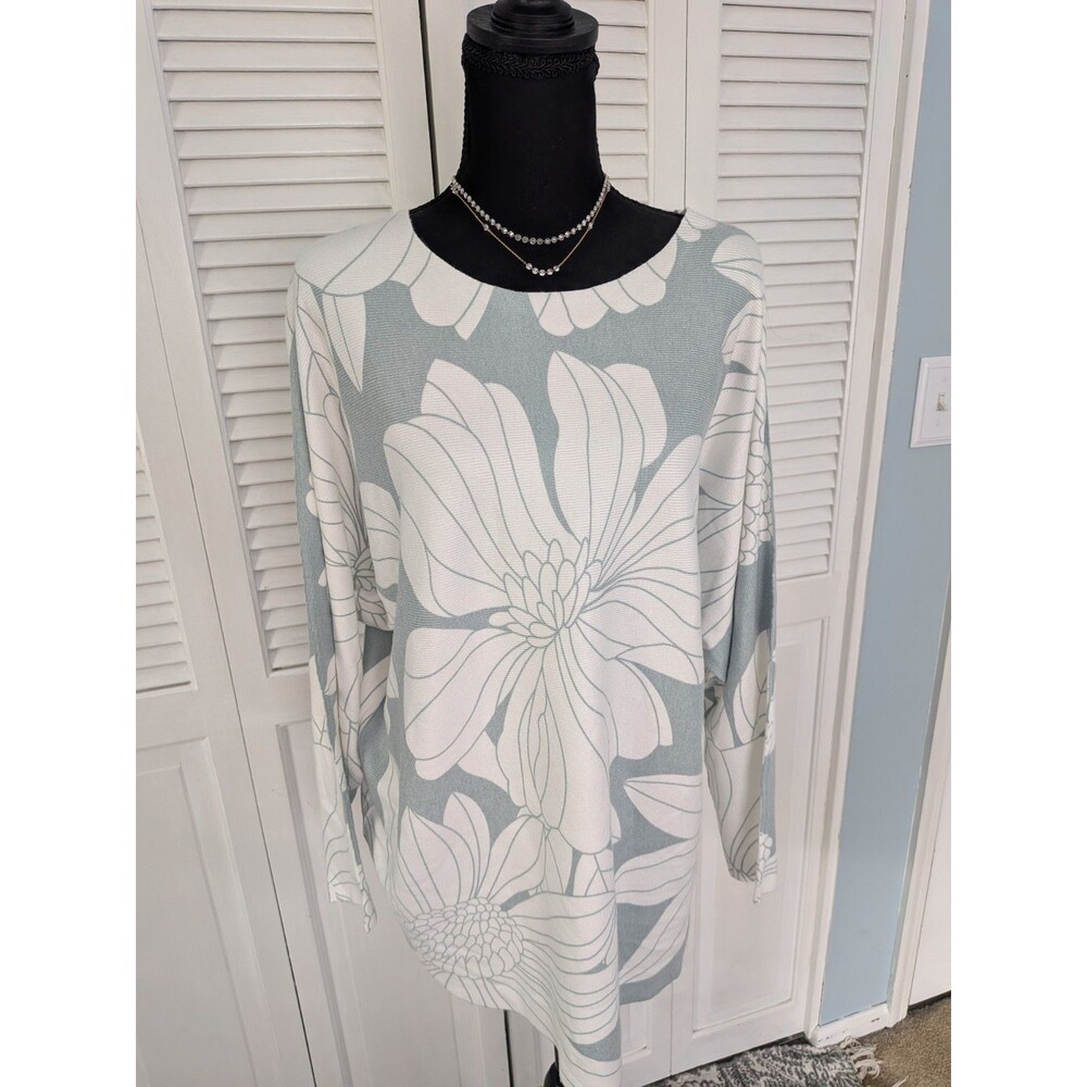Vila Milano Sweater Womens 1X See Meas. Green Cream Floral Oversize Dolman Cozy